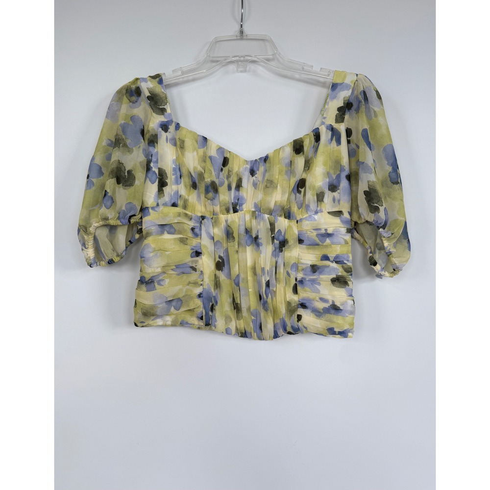 Abercrombie & Fitch Women Yellow Floral Puff Sleeve Chiffon Smocked Crop Top M